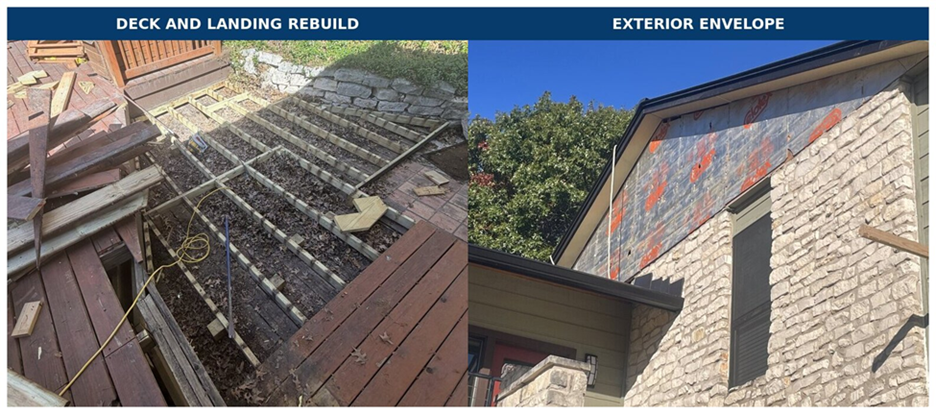 Side-by-side construction photos showing the deck and landing rebuild and exterior envelope work on an Austin remodel.
