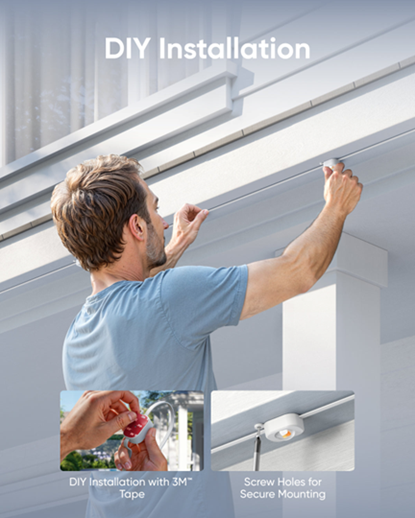 Title: eufy Permanent Outdoor Lights E22 - Description: eufy E22 installation graphic showing a person mounting a light puck, with close-ups of adhesive backing and screw reinforcement.