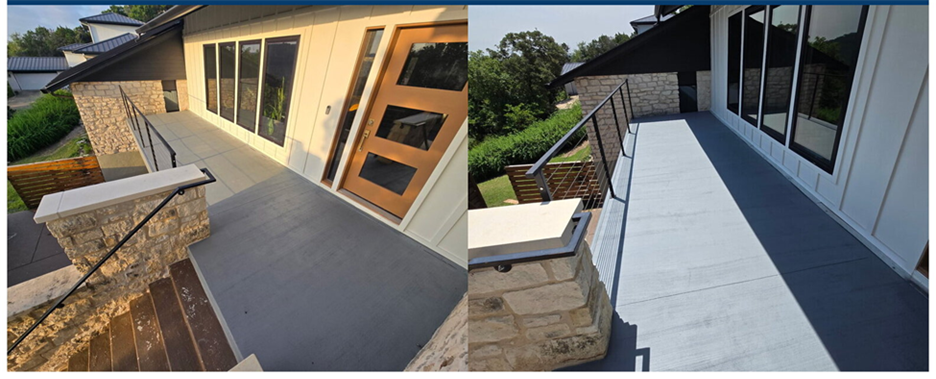 Two finished views of the same front entry, showing the new cement landing, warm wood door, black railings and retained stone.