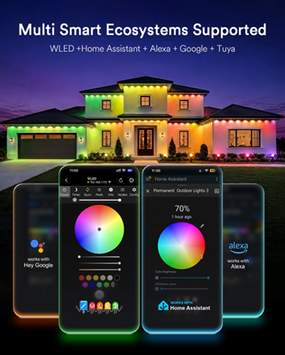 Title: Lumary Permanent Outdoor Lights 3 - Description: Lumary Permanent Outdoor Lights 3 marketing graphic showing a colorful roofline and WLED and Home Assistant control screens.