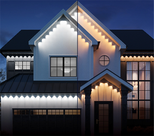 Title: Govee Permanent Outdoor Lights Pro - Description: Govee Pro manufacturer visualization comparing cool white and warm white lighting beneath the same home’s eaves.
