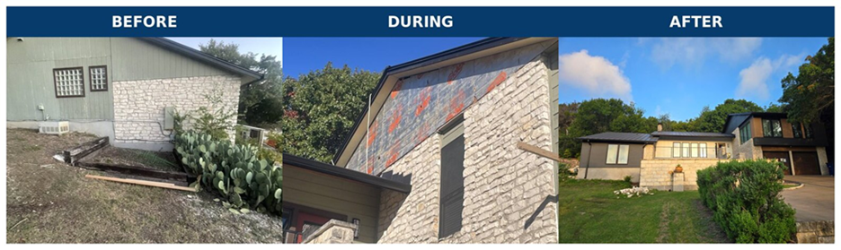 Before, during and after views of a whole-home exterior remodel in Austin.