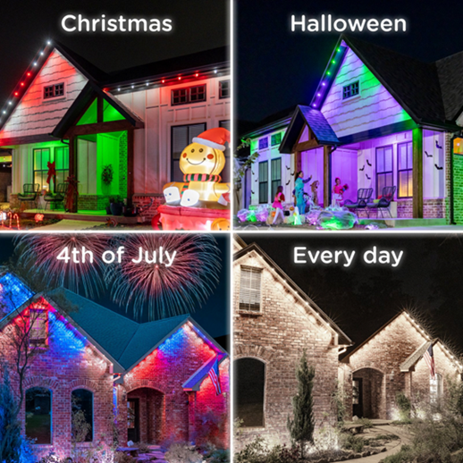 Title: Enbrighten VIBE WiFi Color-Changing Permanent Outdoor Eternity Eave Lights, 108 lights, 150 ft, black, SKU 85103 - Description: Enbrighten Eternity Eave Lights manufacturer montage comparing Christmas, Halloween, Fourth of July and everyday white roofline lighting.