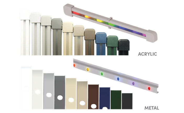 Title: Oelo 36V system with Evolution control - Description: Oelo product illustration comparing acrylic covered lighting channel and metal channel with individual light openings, shown in several finishes.
