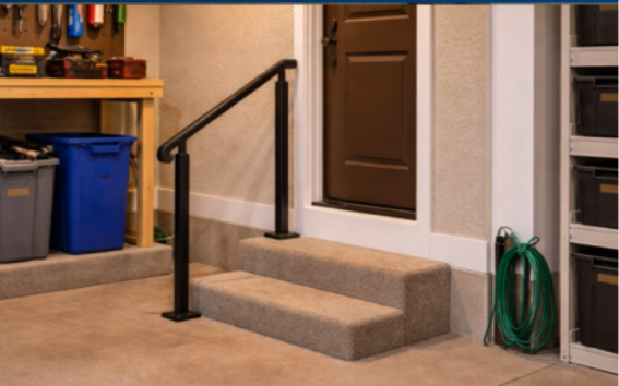 stairs with railing in the garage